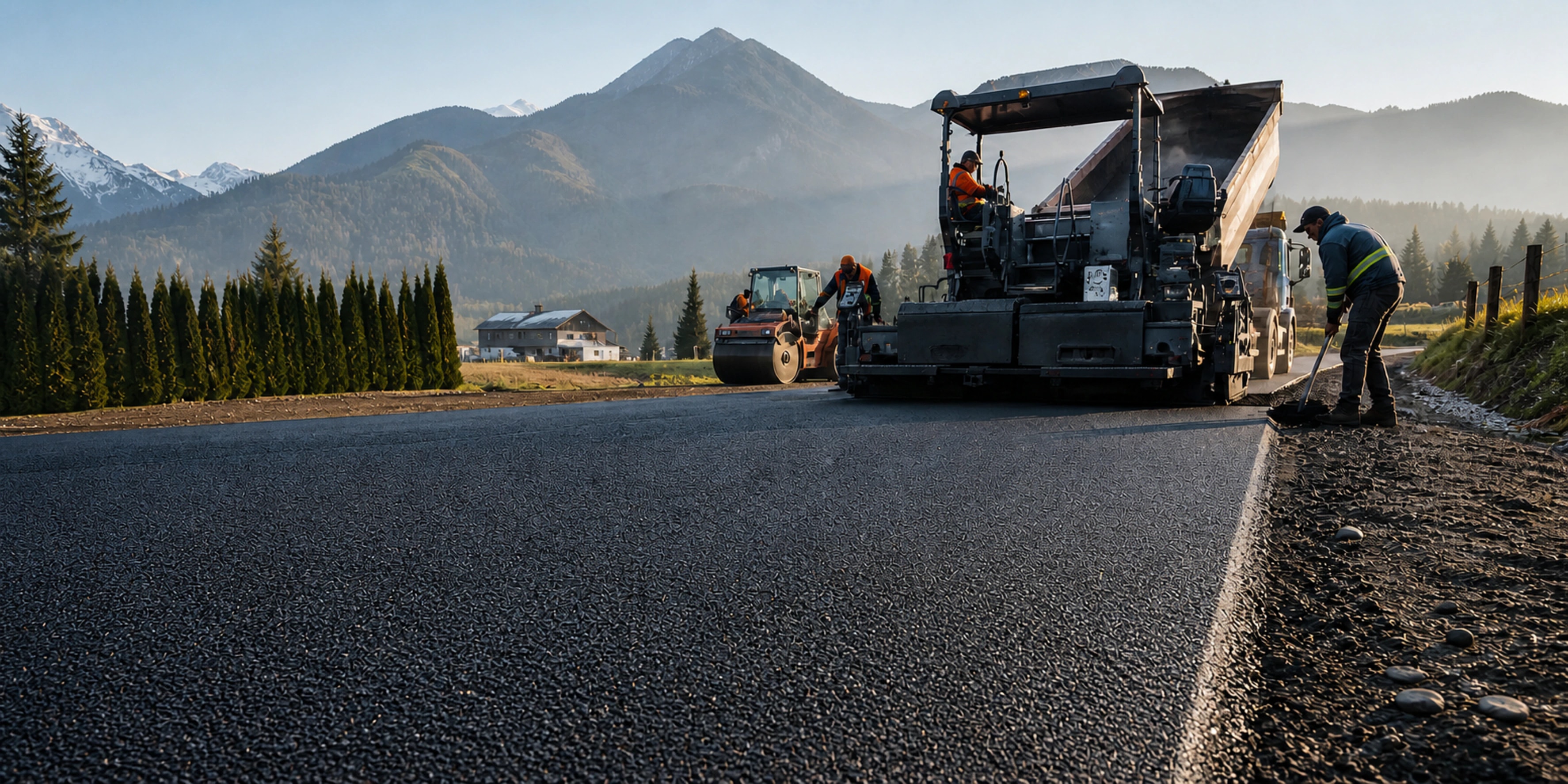 Asphalt paving crew placing and compacting a fresh surface with Fraser Valley mountains beyond